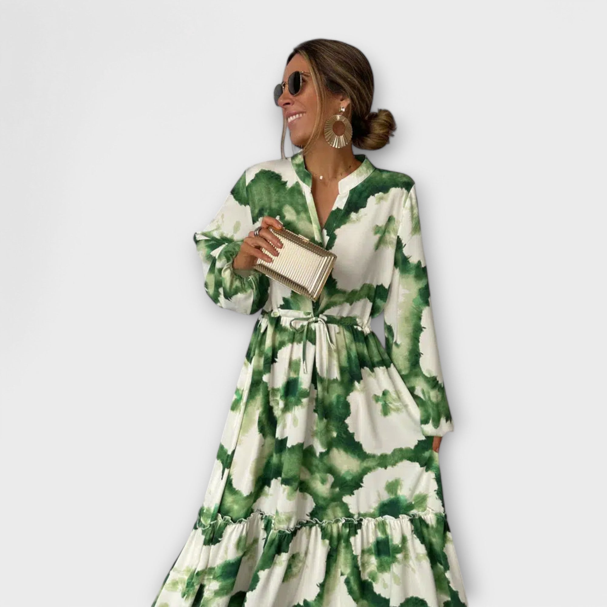 Melina - Robe Maxi Verte à Manches Longues et Décolleté en V